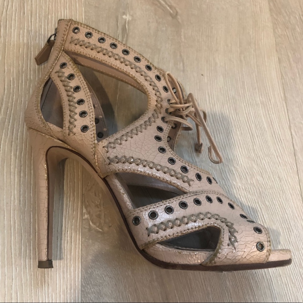 MIUMIU Ecru Leather HighHeeled LaceUp Sandals 6.5